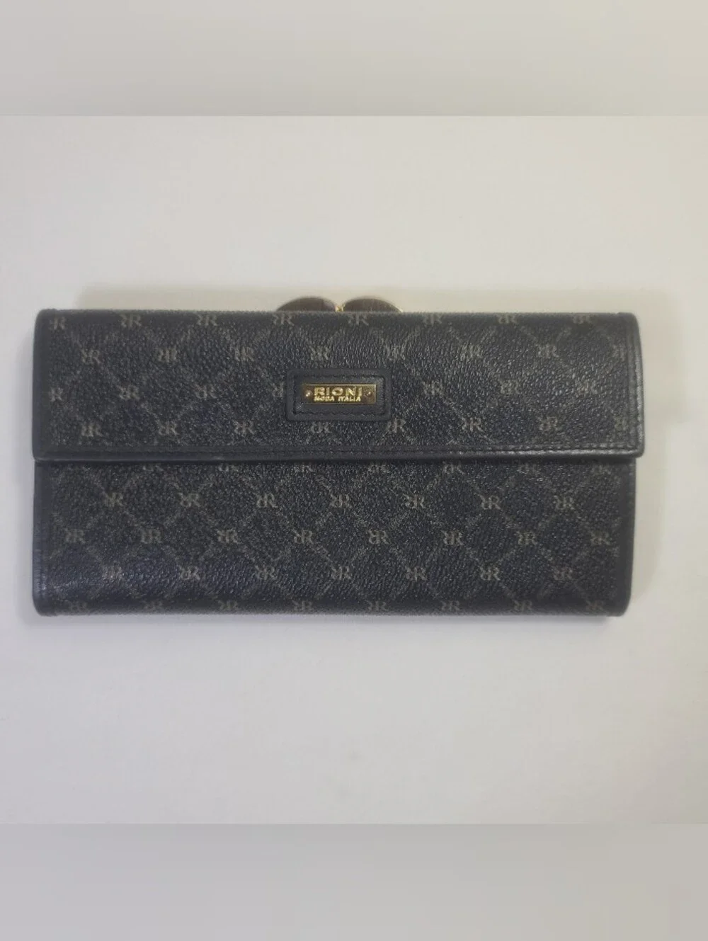 Rioni Moda Italia Continental Clasp Black Monogram Gold Tone Wallet